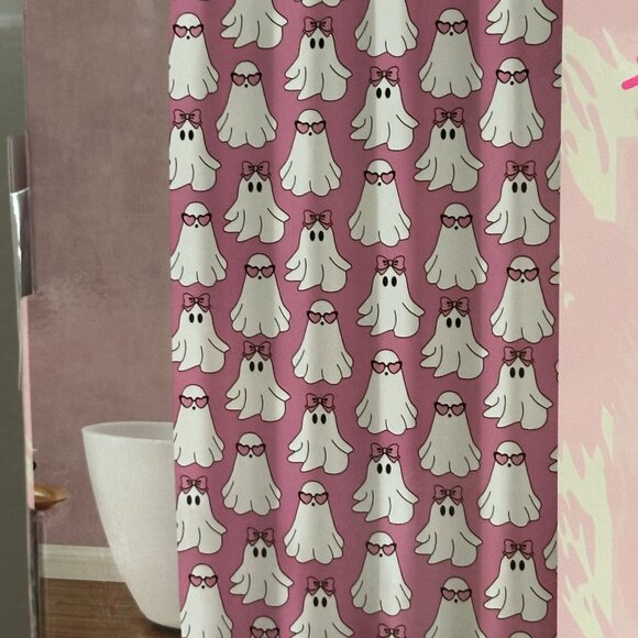 New Betsey Johnson Pink White Ghosts Bow Cute Fabric Shower Curtain Set Hooks - Picture 3 of 3